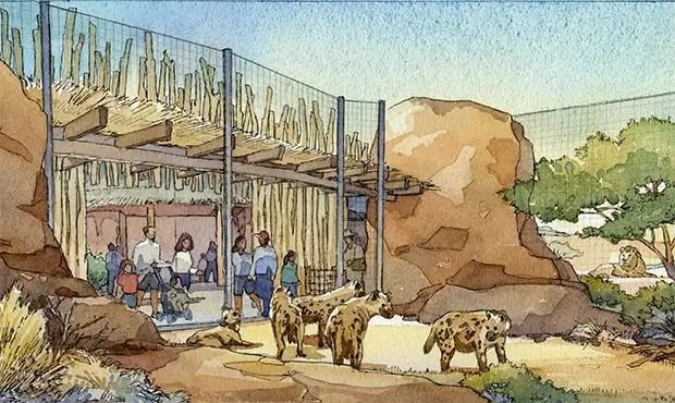Watercolour zoo concept with a viewing shelter, rockwork and spotted animals
