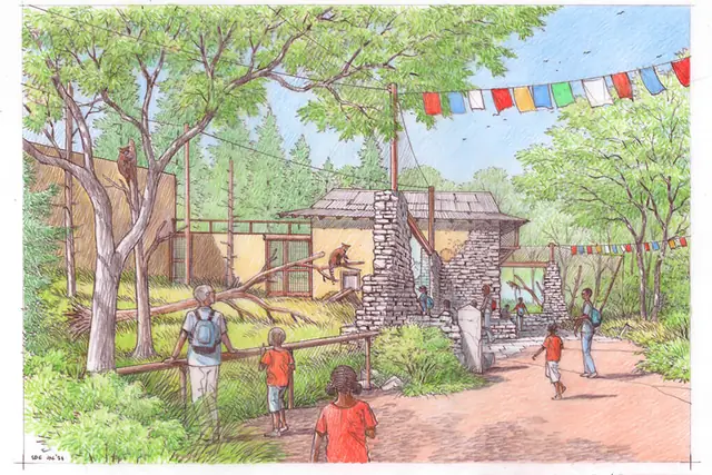 Watercolour concept of a tree-lined zoo entrance and a broad visitor path
