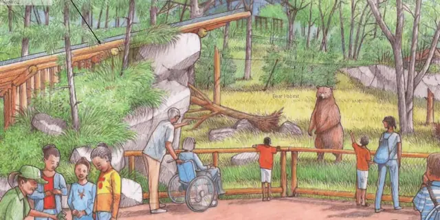 Watercolour concept of a forest bear habitat with timber barriers and visitors