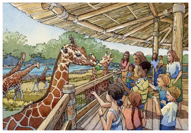 Watercolour concept of visitors beside giraffes at a covered viewing platform